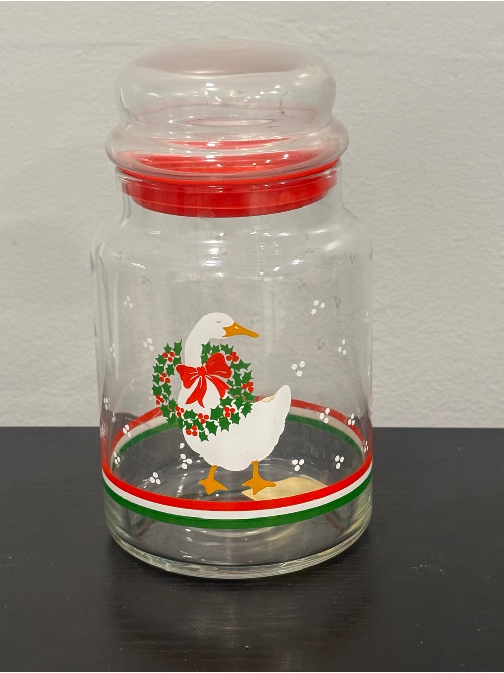 Vintage Clear Glass Holiday goose Cookie Jar decor canister country 7”
